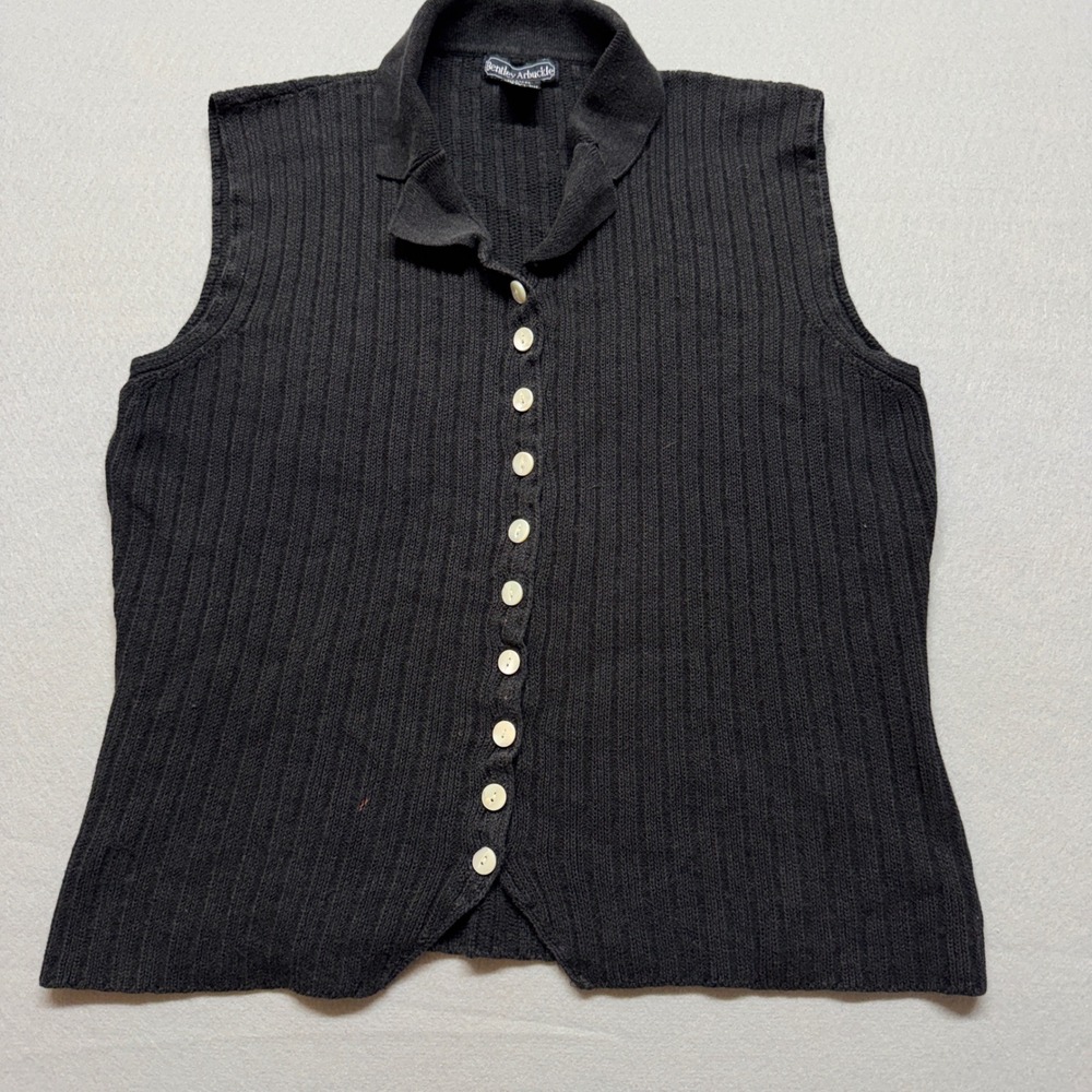Bentley Arbuckle Black Ribbed Knit Sleeveless Button Front Cardigan Vest Large